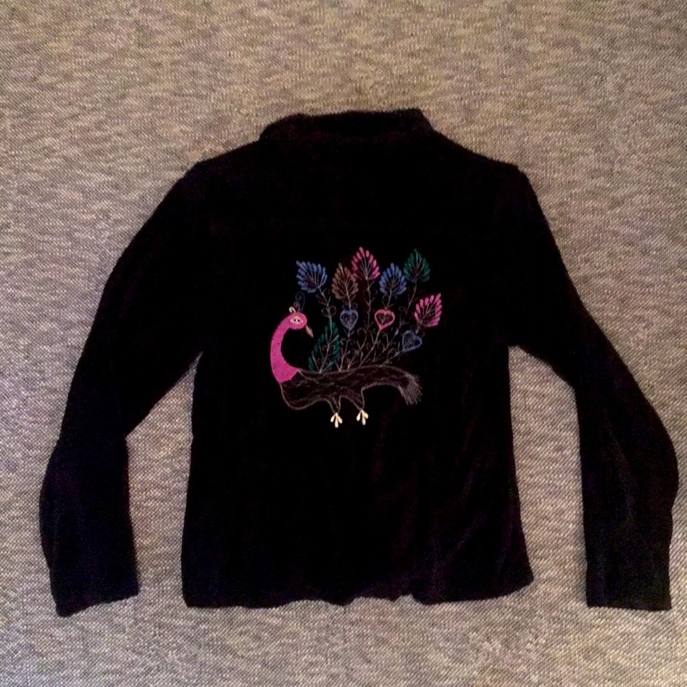 Peacock Embroidery Blue Sky Black Velvet Blazer